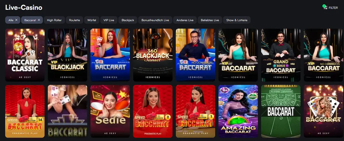 Live-Baccarat-Tisch mit Dealer im Trueluck Casino