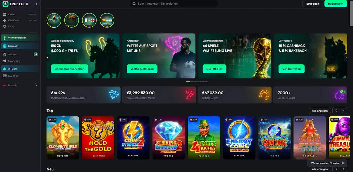 Spielkatalog der Trueluck-Casino-Lobby mit Slots und Filterkategorien