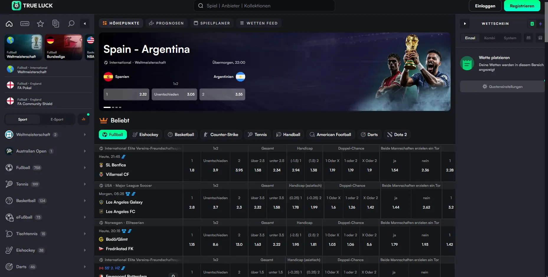 Sportwetten-Bereich von Trueluck mit Live-Quoten und Streaming